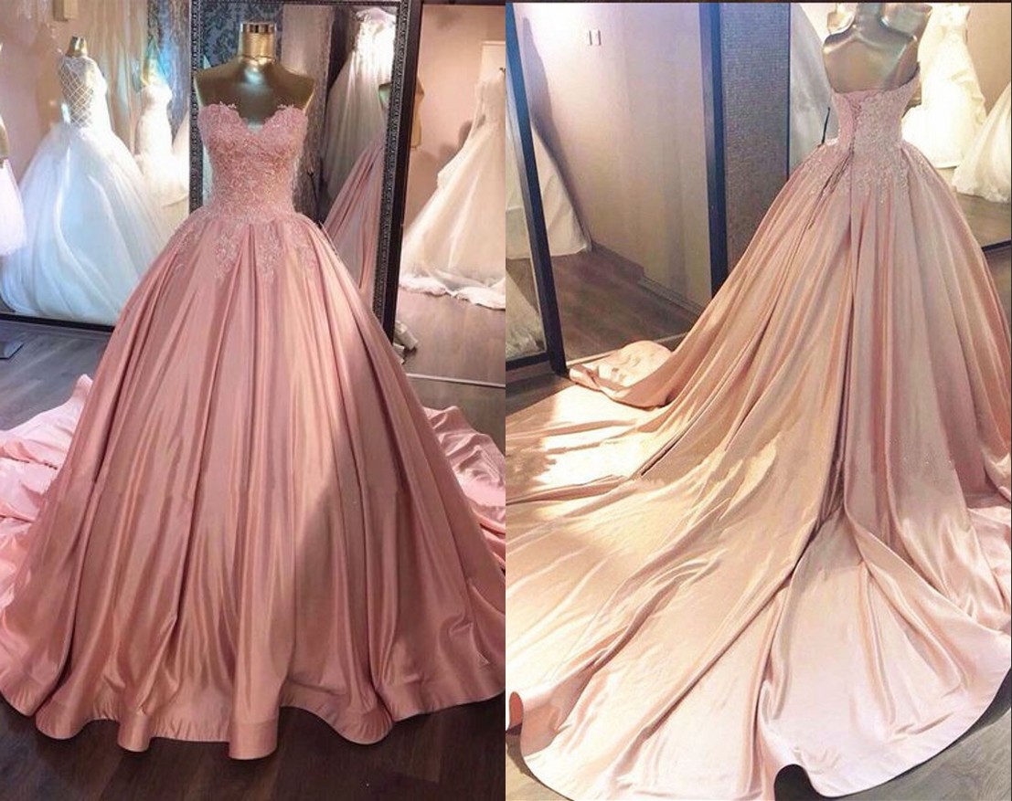 

Dusty Rose Ball Gown Real Photo Pageant Prom Dresses Sweetheart Satin with Long Train Applique Beaded Evening Formal Gown Dress, White