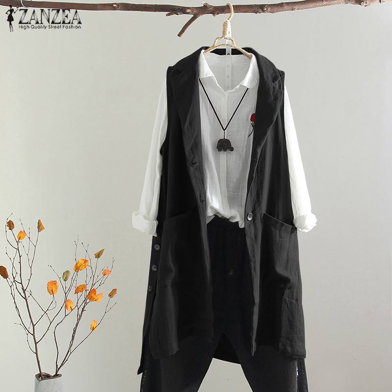 

Plus Size Casual Vest Women Long Jackets ZANZEA Fashion Chalecos Para Mujer Lapel Outwear Solid Cardigan Gilet Femme Chaleco, Black