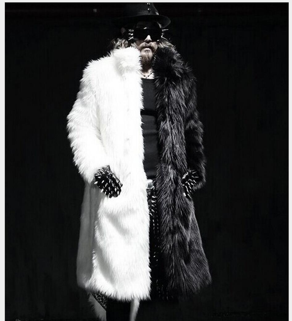 

Free shipping 2019 New Men long faux fur black and white Splice coats winter Fashion thickening jackets singer stage costumes