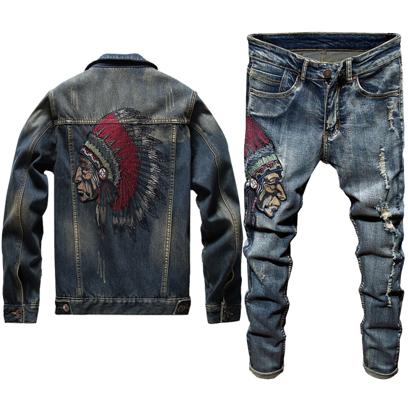 

2020 New Men's Jeans Two Piece Set Slim Embroidered Indian Long Sleeve Denim Jacket + Stretch Pants Punk Style High Street Jacket Twinsets, 2 pieces set