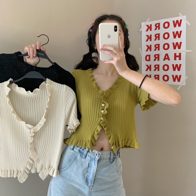 

3 colors korean style Women summer v neck short Cardigan Sweater coat Female Outwear short sleeve Knitted tops (C1252, Beige
