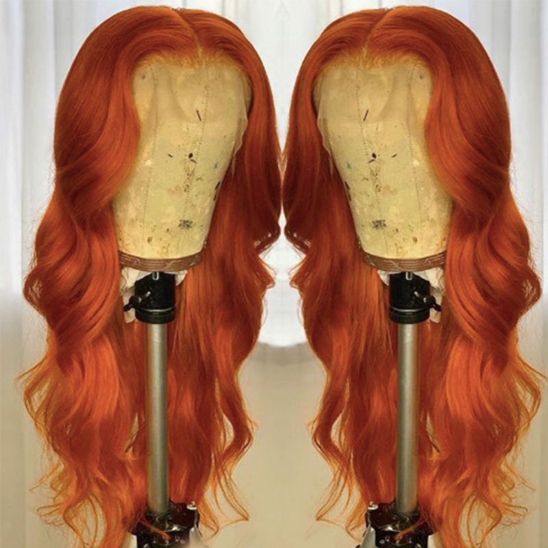 

Orange 13x6 Lace Front Human Hair Wig Body Wave Colored 360 Lace Frontal Wig 150 Density Cosplay Brazilian Dolago Wigs, As pic