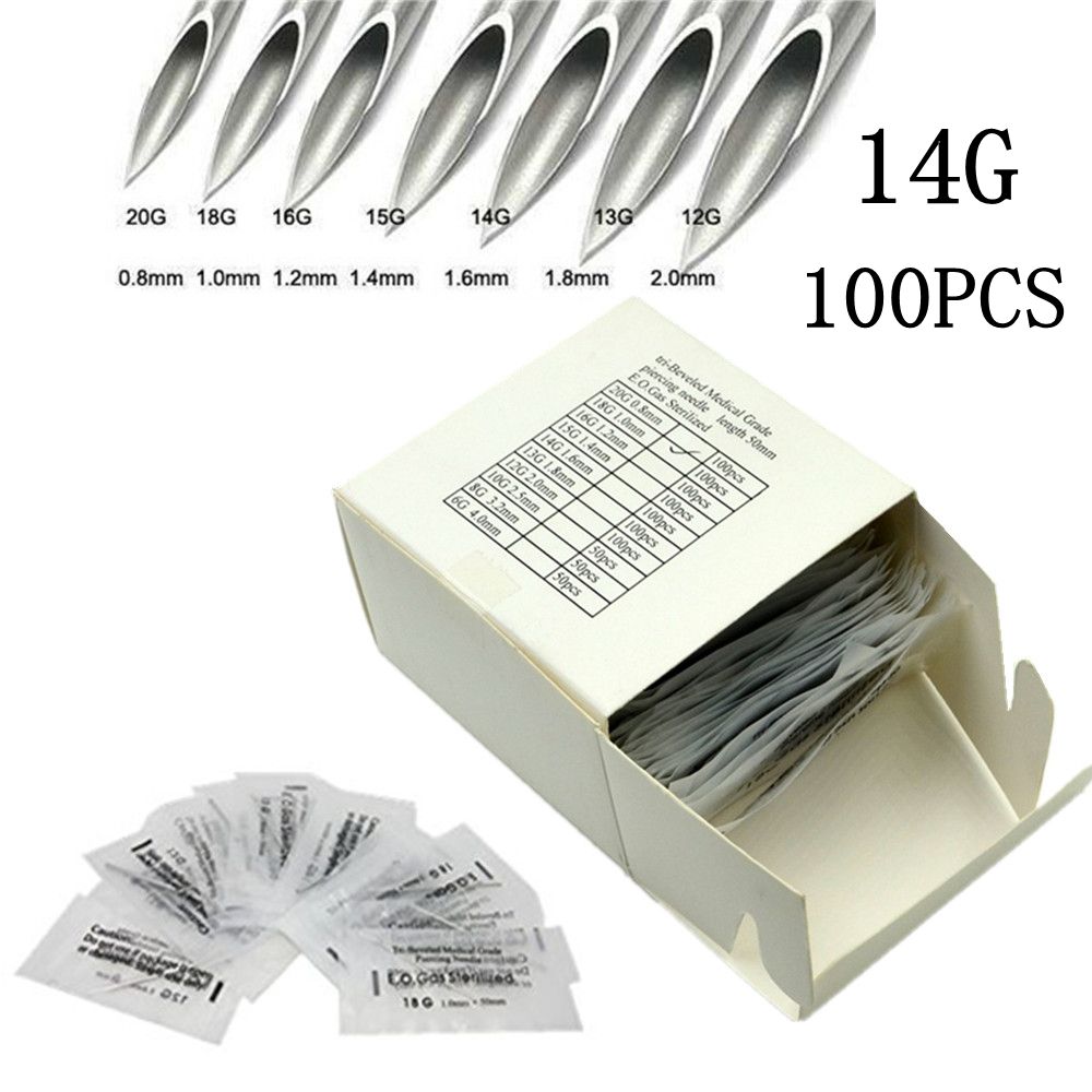 

100PCS Piercing Needles Surgical Steel 14G Disposable Body Piercing Needles E.O.Gas Sterilized Permanent Makeup Tattoo Needles