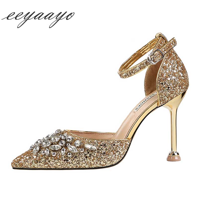 

2020 New Summer Women Ankle Strap Sandals High Thin Heel Pointed Toe Sexy Ladies Crystal Bling Wedding Women Shoes Gold Sandals, Silver