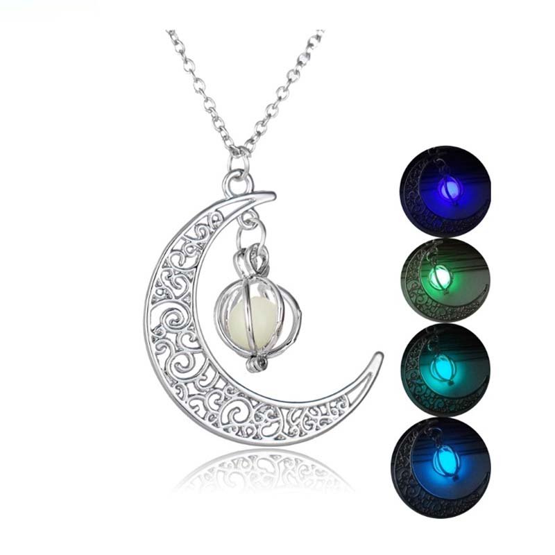 Moon Glowing Necklace,Gem Charm Jewelry,Silver Plated,Women Halloween Hollow Luminous Stone Necklace Gifts-image-437886638