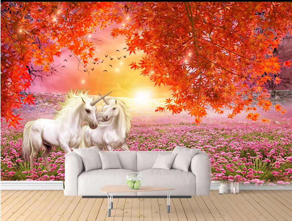 

3d wallpaper custom photo mural Maple red leaf white horse unicorn background living room home decor 3d wall murals wallpaper for walls 3 d, Non-woven