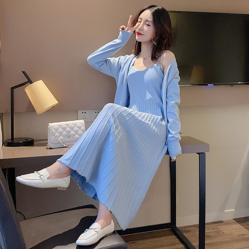 

Pregnant Women Autumn Dress Suit Fashion New Loose Strap Dress Knit Cardigan 2 Piece Outfits For Women Pleated Casual Knitwear f, Black 2pcs set