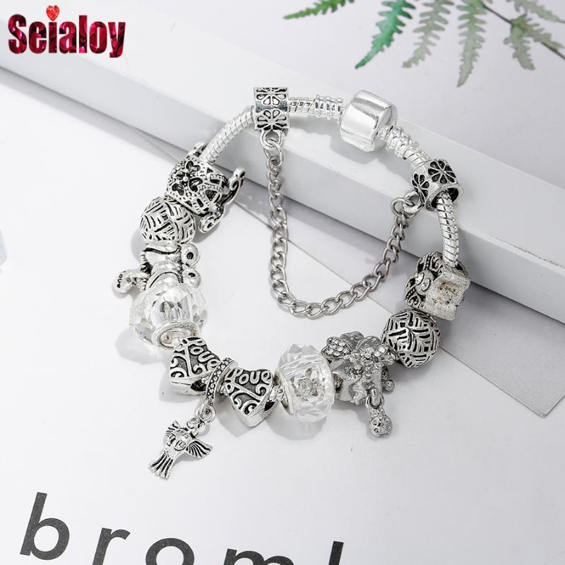 

Seialoy New Bird Charm Bracelets For Women Original Love Heart Butterfly Flower Crystal Beaded Bangle Girls Party Jewelry Gift