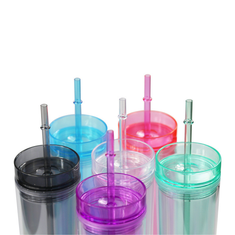 

17oz Colored Acrylic Tumbler Skinny Cup Double Walled Plastic Tumblers Semitransparent Bottle with Straw Lids Travel Portable Mug, Clear