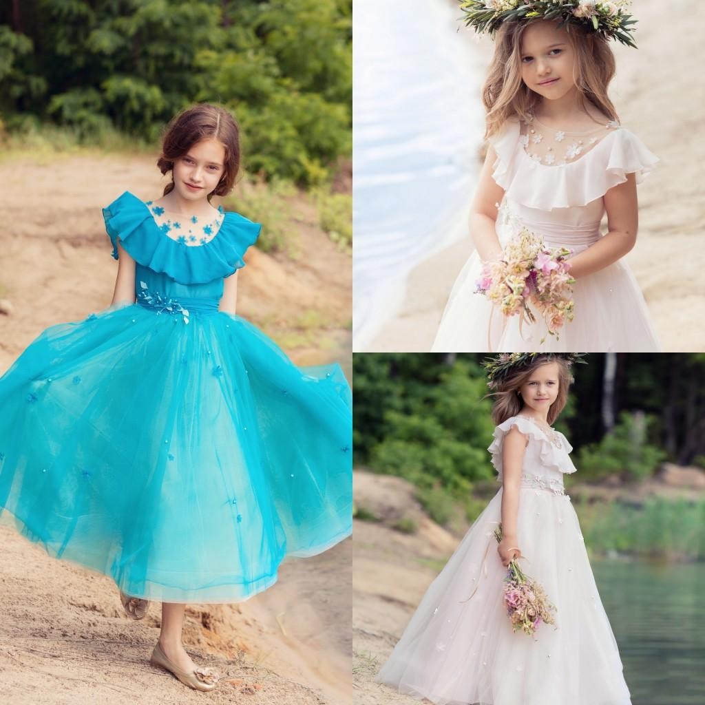 

Light Pink Flower Girls Dresses For Weddings Beading Jewel Neck Ruffles Satin Girls Pageant Dress First Communion Dress, Blue