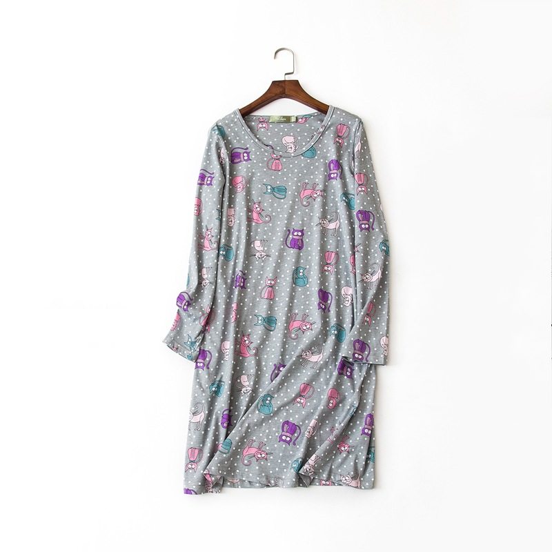 

2019 Autumn Female Casual Cartoon nighty dress Ladies 100% Cotton Nightgown Women Long Sleeve Round collar Plus size sleepshirts, Gray