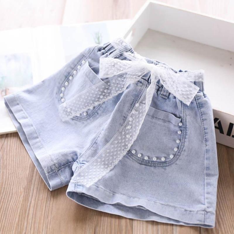

4T-12T Wholesale Children denim shorts 2020 summer new fashion sexy beading girls hot pants korean casual jeans shorts L236, Blue (110-150)