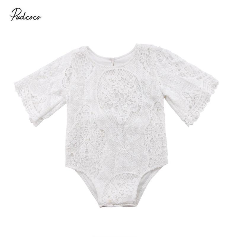 

2020 Lace Newborn Baby Girl Clothes Infant Romper Summer White Lace Flare Sleeve Jumpsuit Hollow Back Clothes Outfits Sunsuit, As pic