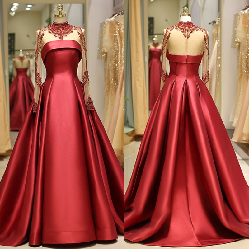 

Gorgeous Red Illusion High Neck A Line Prom Dress Elegant Long Sleeve Beading Satin Evening Gowns Formal Vestidos De Noche Largo, Same as picture