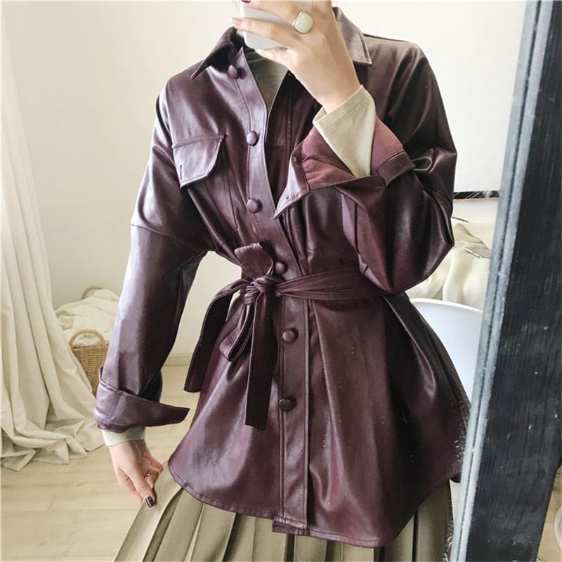 

Waist belts Pu Leather Jacket Soft Warm Single Breasted Pocket Leather women winter jacket Casual Wear, Burgundy