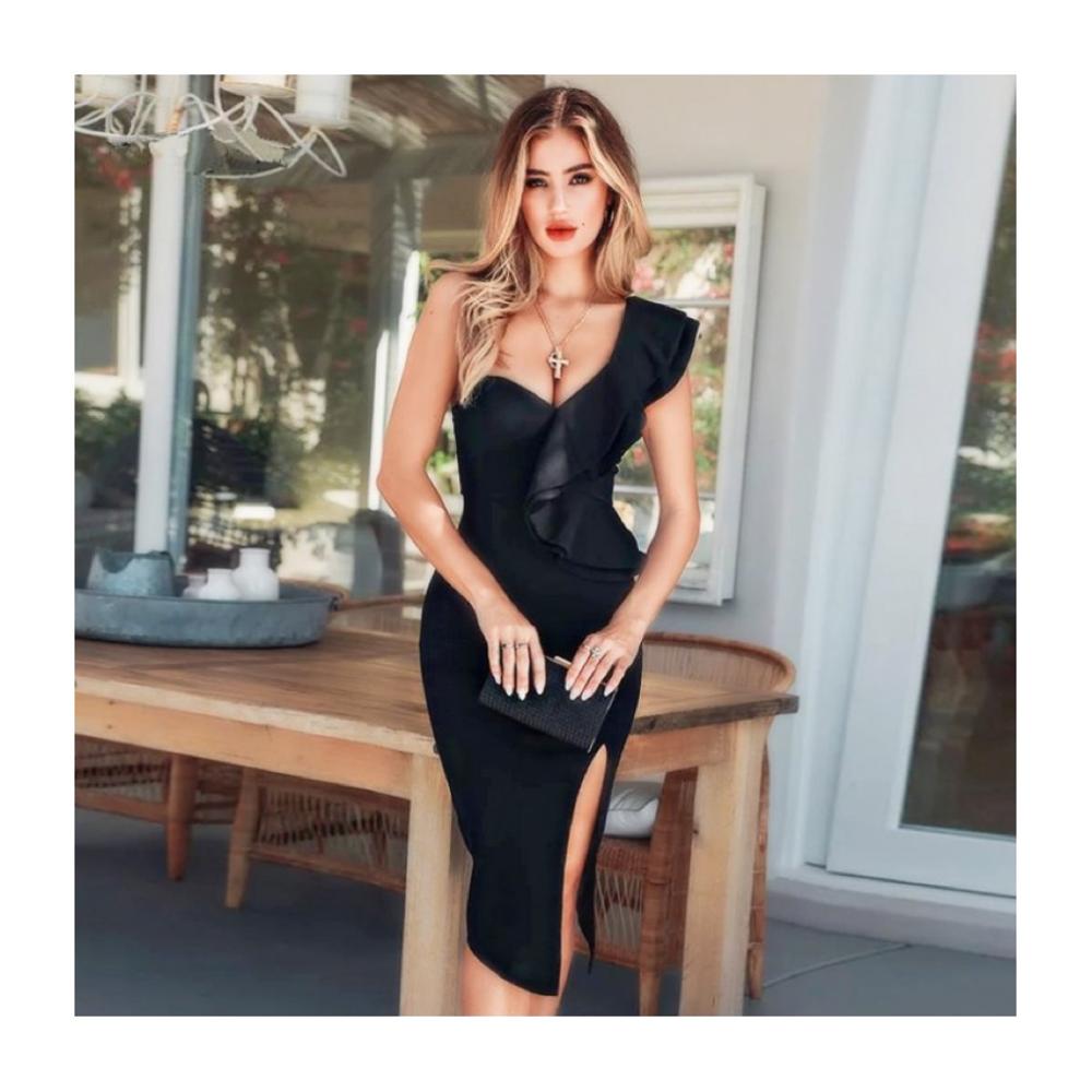 

New High Quality Black Bandage One sleeve Red Rayon Bandage Midi Dress 2019 Christmas Party Wear Moonccloset1, Beige