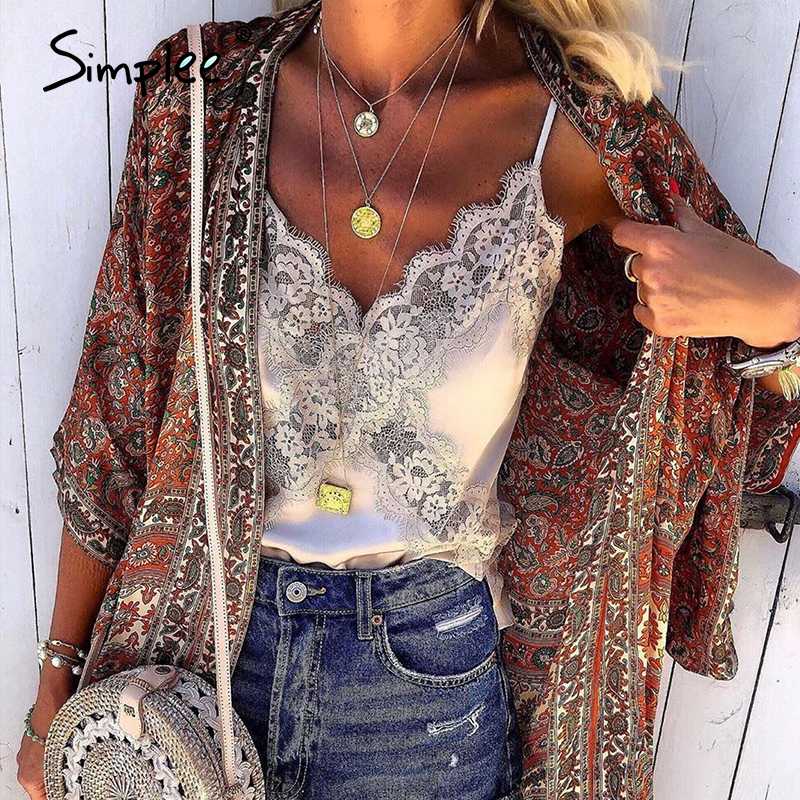 

Simplee Sexy lace embroidery women satin tops Elegant v-neck female casual cami crop tops Solid spaghetti strap ladies tank, Champagne