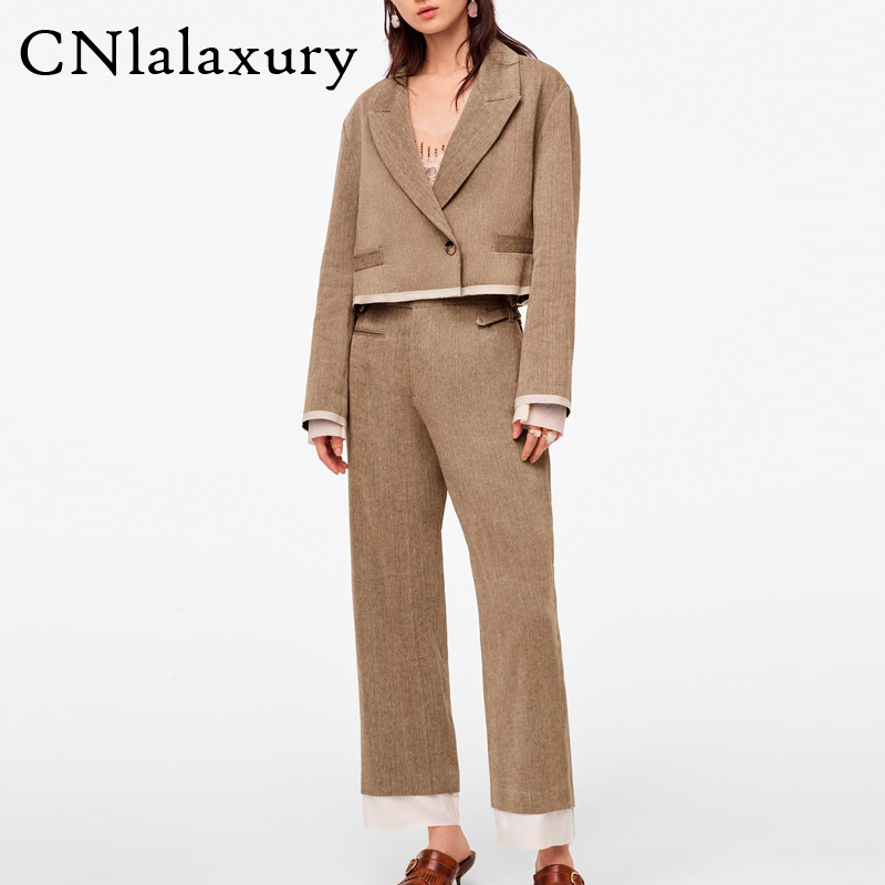 

women linen suit sets ladies short blazer jacket single button Suit Coat high waist pants summer two piece set 2020 traje mujer