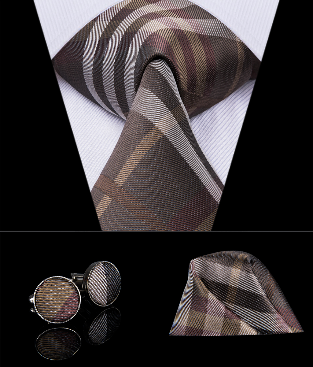 

HI-TIE Fashion Brown White Plaid Gravata Silk Jacquard Woven Tie Handkerchief Cufflinks Set For Men Wedding Party Groom N-3014, Black;blue