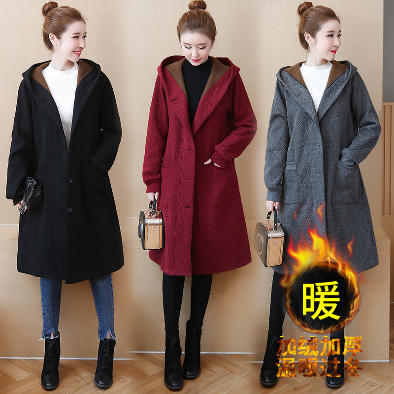

2019 winter plus velvet padded hooded warm jacket in the long section loose slim cotton coat, Black