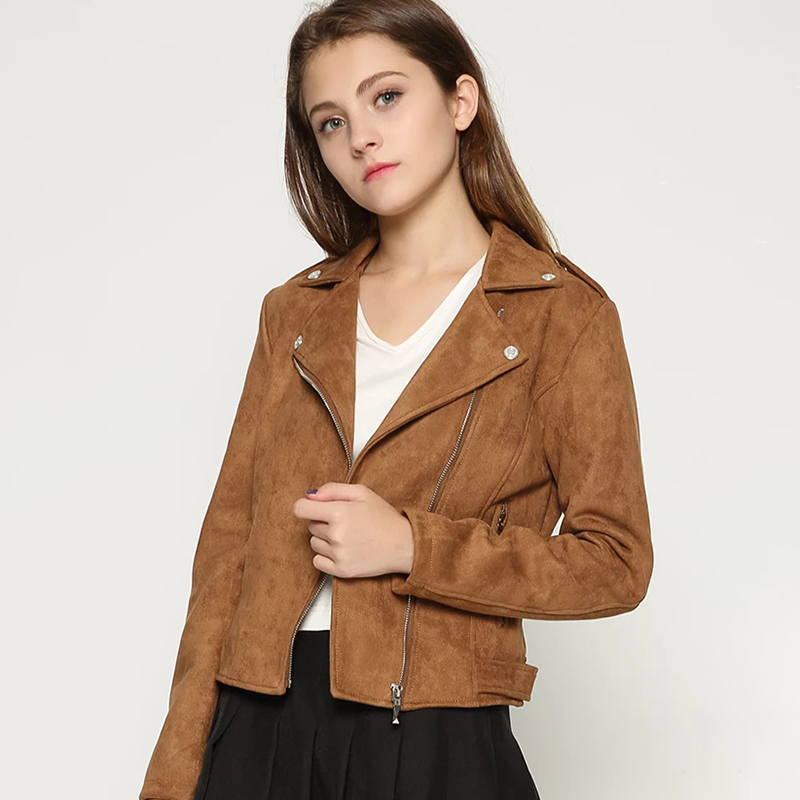 

long sleeve zipper suede coat streetwear female 2019 jacket autumn women faux suede leather biker jackets brown outfit