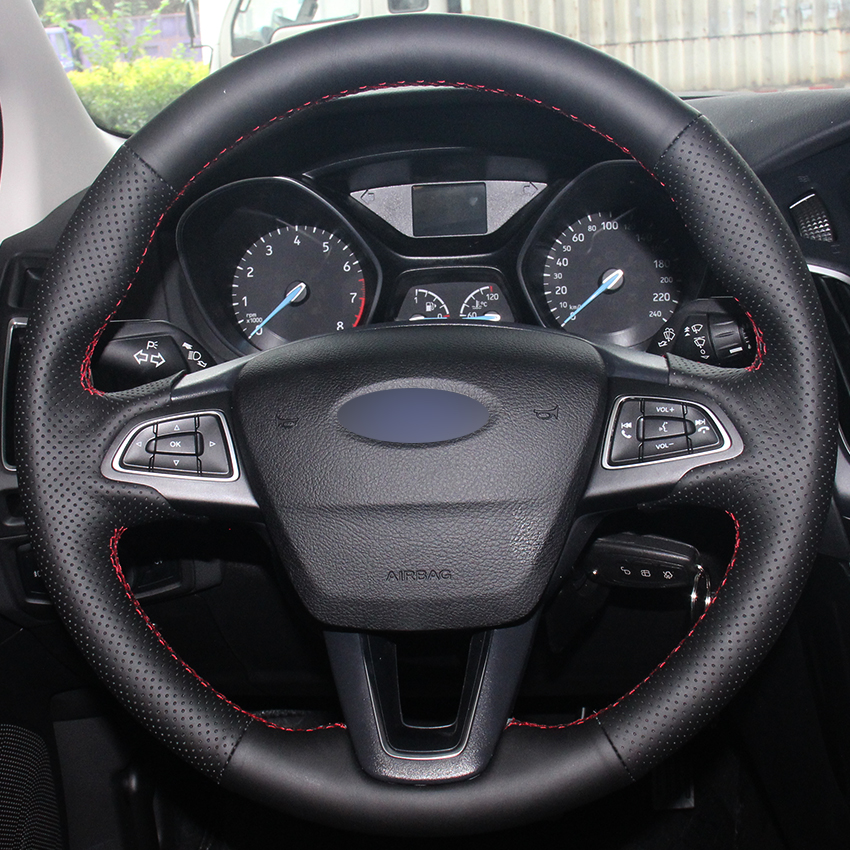 Black Synthetic Leather Car Steering Wheel Cover for Ford Focus 3 2015-2018 Kuga 2016-2018 Escape 2016-2018