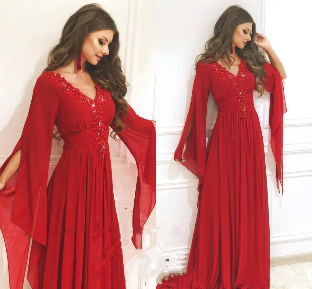 Setwell A-ligne robes de soirée à manches longues dentelle perlée en mousseline de soie plissée Appliques parole longueur Prom Party Robes