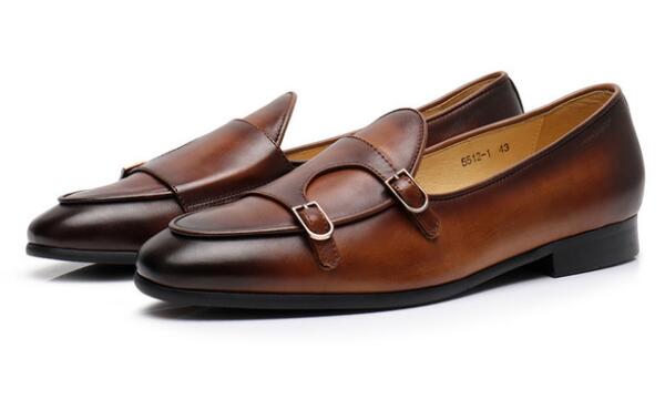 

Fashion Real Leather Vintage Style Men dress Shoes Double Monk Strap Buckle Loafers Wedding High Quality Dress Shoes, Black