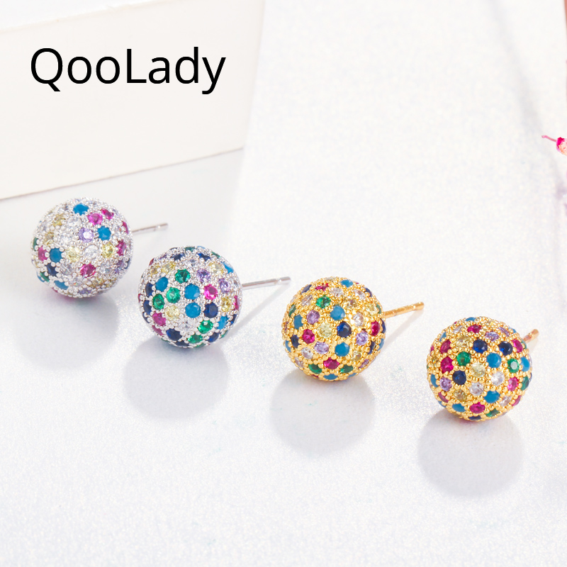 

QooLady Trendy Korean Micro Pave Full Multicolor Round Cubic Zirconia Crystal Silver Color Stud Earrings Girl Star Jewelry E171