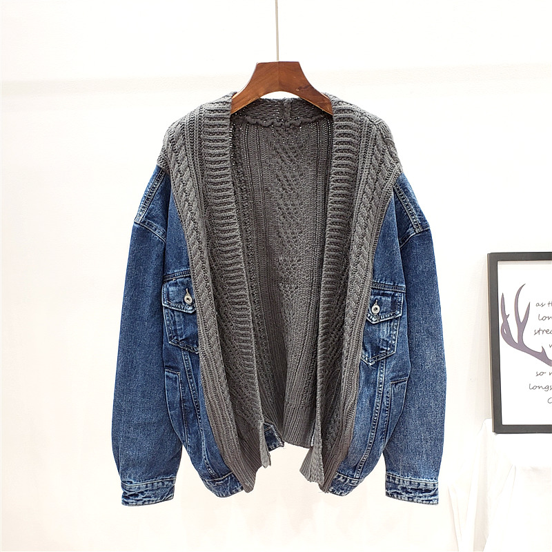 

SHENGPALAE 2020 New Fashion Autumn Winter Knitted Denim Stitching Jacket Women Loose Casual Tide High Street Coat Female A174, Black