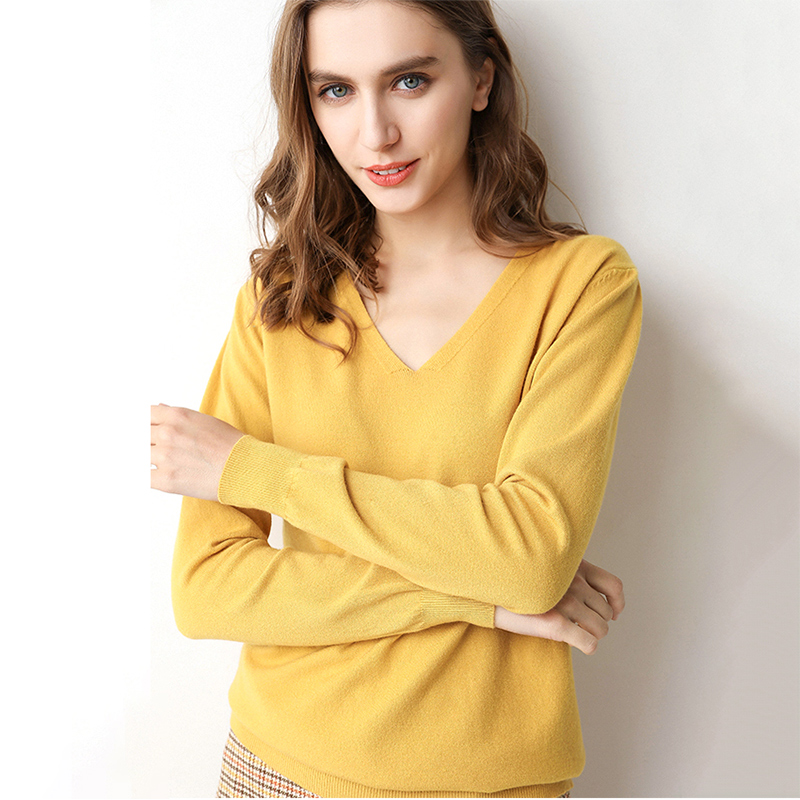 

DTSTARZG Soft V neck Bottoming Pullover Sweater Women 2020 Fall Winter Korean Big Size Knit Jumper Female Yellow Knitwear Women, Ts