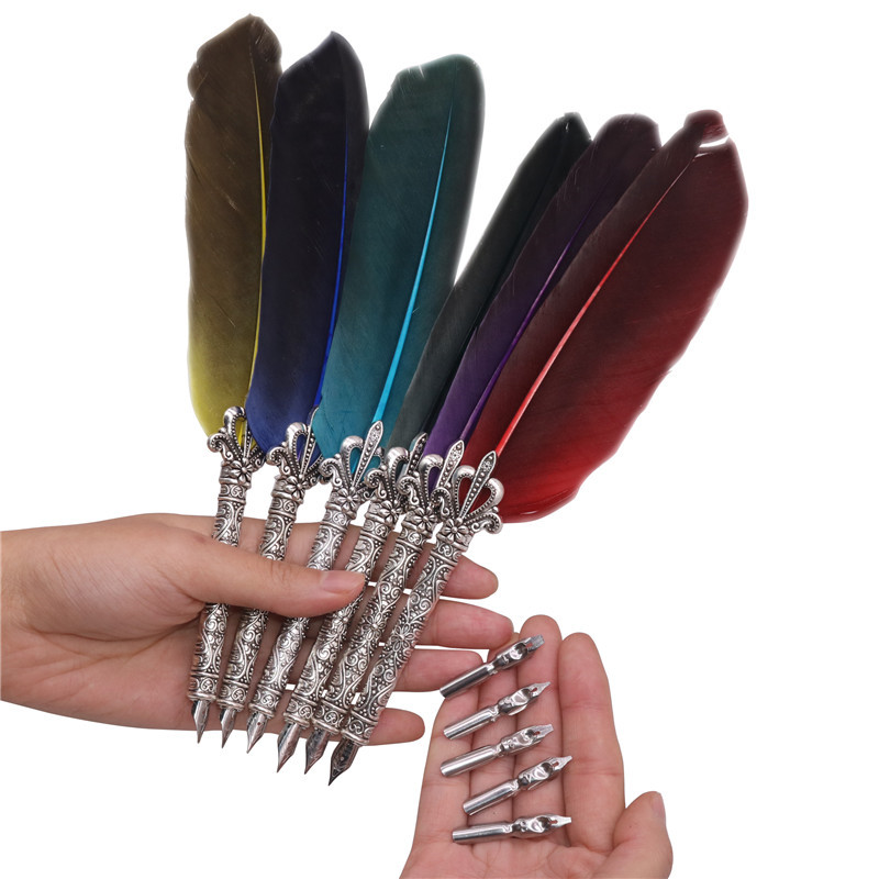 

1 Set English Calligraphy Feather Dip Pen Writing Stationery set Gift Box with 5 Nib Wedding Gift Quill Pen Fountain New, Red