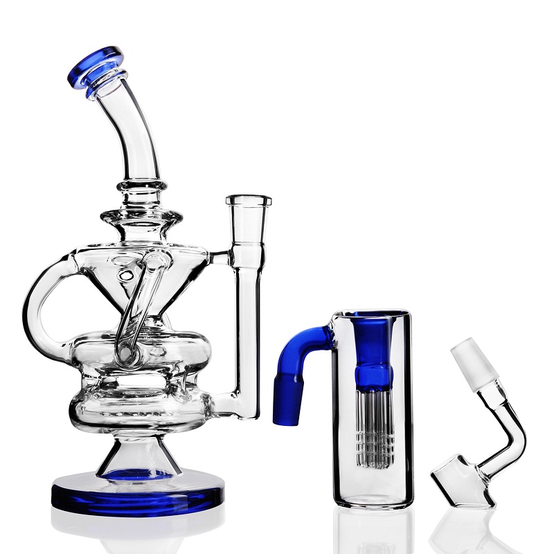 

8 Inch Newest Klein Tornado Percolator Glass Bong Recycler Water Pipes 14mm Joint Oil Dab Rigs With Ash Catcher Blue Green