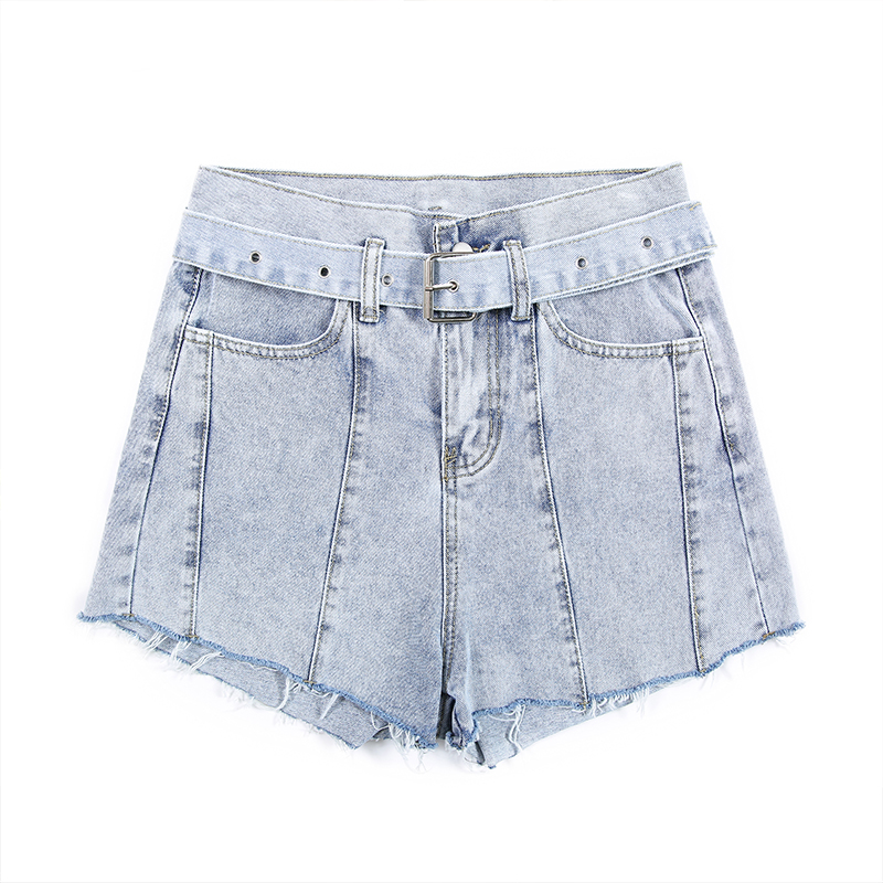 

Plus size short jeans for girls retro wash frayed large hem with belt, Blue