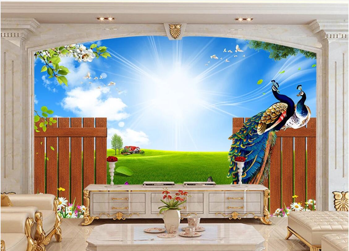 

3d room wallpaper custom photo mural Landscape painting peacock flowers and blue sky white clouds TV background wall wallpaper for walls 3 d, Non-woven fabric