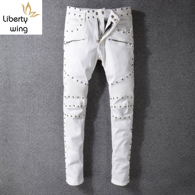 

Top Quality Men Motor Biker Slim Fit Jeans Skinny Rivet Pencil Punk Beads Pleated Long Pants Denim Trousers Big Size White, Black