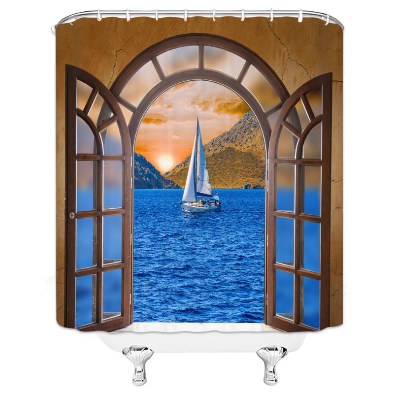 

Sea Ocean Sailing Bath Curtains Shower Curtain Printing Bathroom Waterproof Washable Cloth With Hooks 180*200cm Bath Curtain