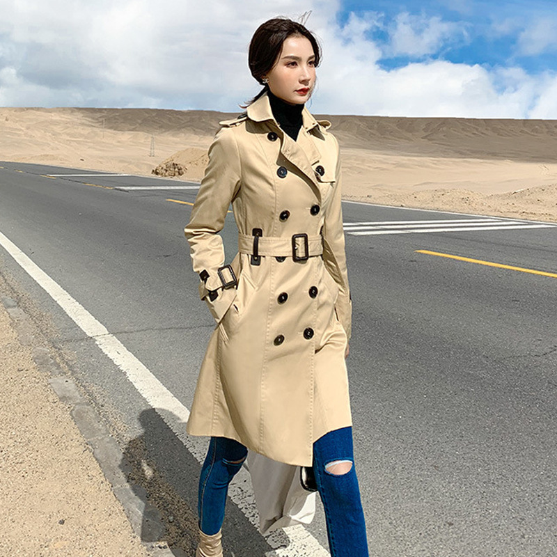 

2020 Autumn Windbreaker Double-breasted Female Long-sleeved Lapel Belt Abrigos Long Women' Casual High Waist Trench Coat Z753, Khaki