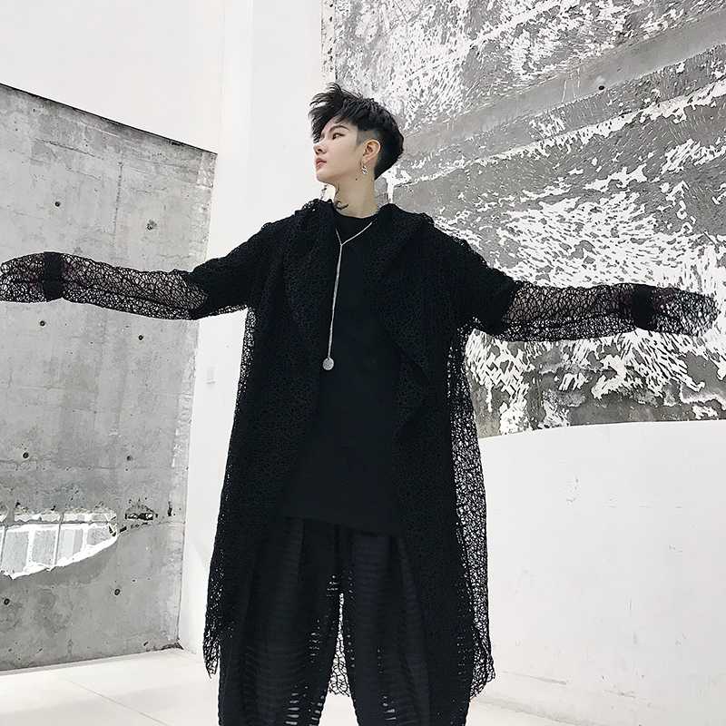 

Men Mesh Hollow Casual Hooded Trench Coat Male Streetwear Hip Hop Punk Gothic Long Cardigan Cloak Jacket Robe Summer Windbreaker, Black