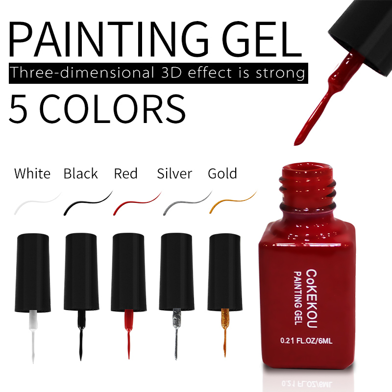 

CoKEKOU Manicure LED Nail Painting Gel 5 Colors Line Gel Soak-off Top&Base coat Professional 6ml nail polish send false, Gold