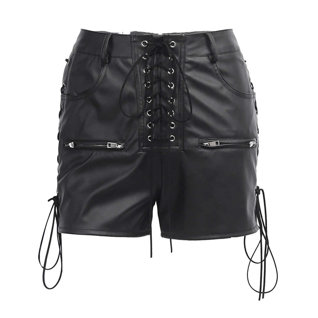 

Womens Punk Bandage Pants PU Leather Shorts