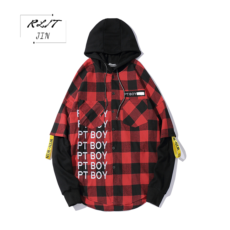 

RLJT.JIN 2019 Winter thick fashionable streamers of men's clothing High quality casual hip hop street man plaid hooded shirt, Gray