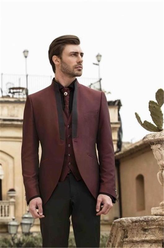 

Burgundy Groom Tuxedos Three Pieces Mens Wedding Suits Custom Made Modest Slim Fit Mens Dinner Party Suit(Jacket+Vest+Pants, 2 style and color