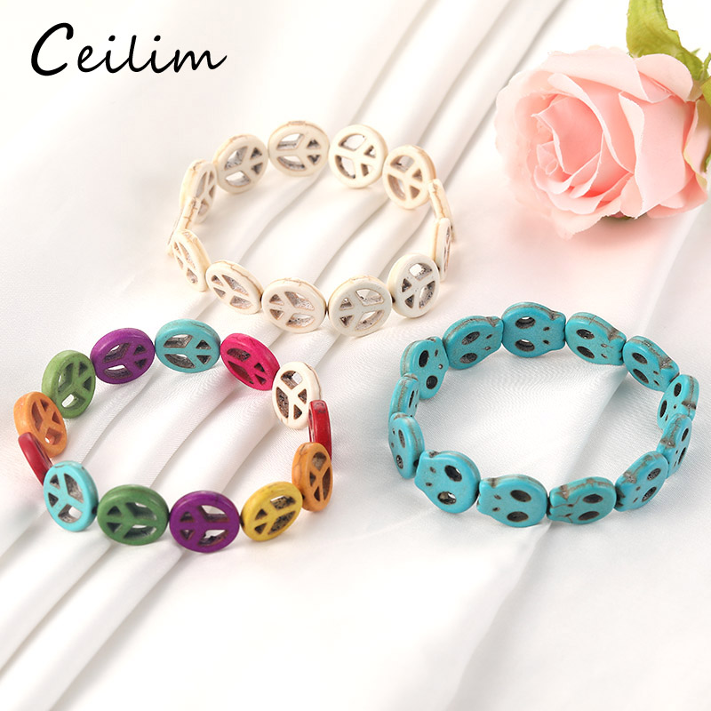 

2020 Fashion Round Turquoise Skull Peace Charm Bracelets Strand Natural Stone Bracelets for Women Men Brand Jewelry Wholesale