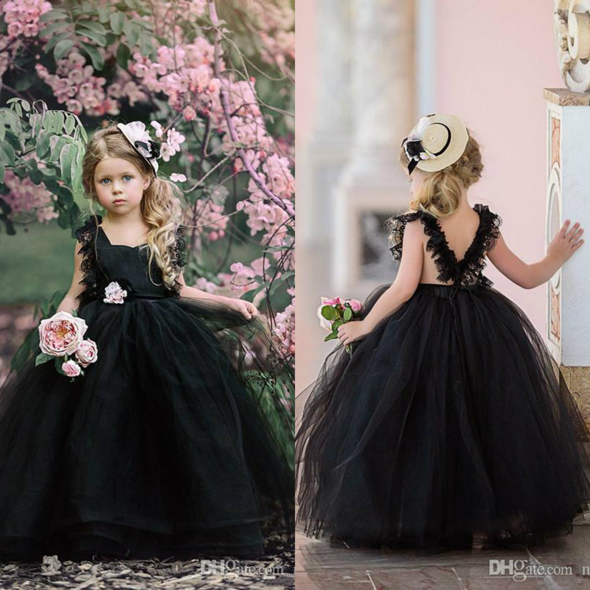 

Black Ball Gown Flower Girls' Dresses Puffy Lace Cap Sleeves Open Back 2020 Girls Pageant Dress Gothic Kids Formal Wear Wedding Gowns, Yellow
