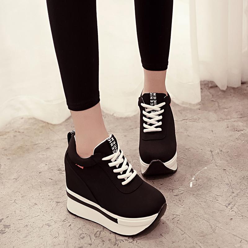 Vente chaude-femmes baskets mode femmes hauteur augmentant respirant à lacets compensées baskets plate-forme chaussures toile femme chaussures dé