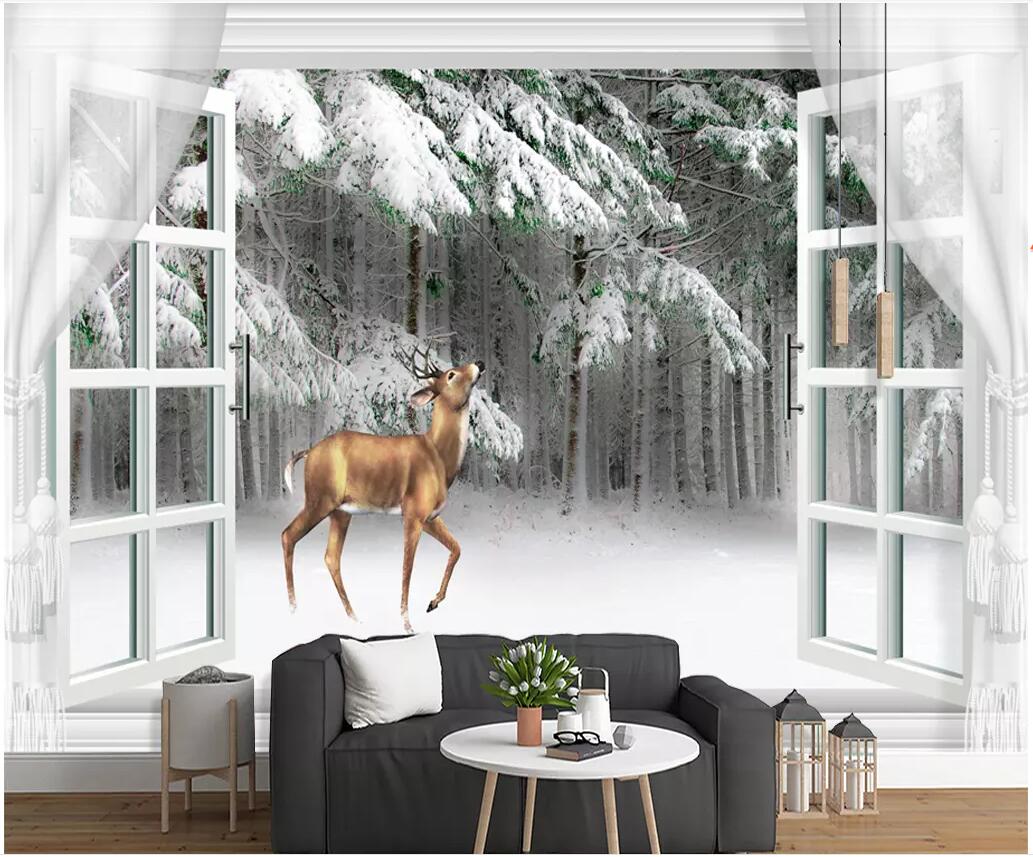 

WDBH custom photo mural 3d wallpaper Elk in snow scene outside the window living room home decor 3d wall murals wallpaper for walls 3 d, Non-woven wallpaper