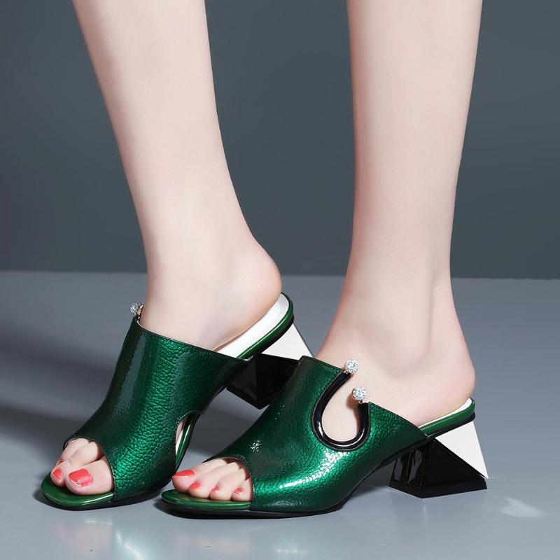 

SARAIRIS Mixed Color Square Heels Slippers Women Slip On Casual Party Sandals Ladies Summer Shoes, Green