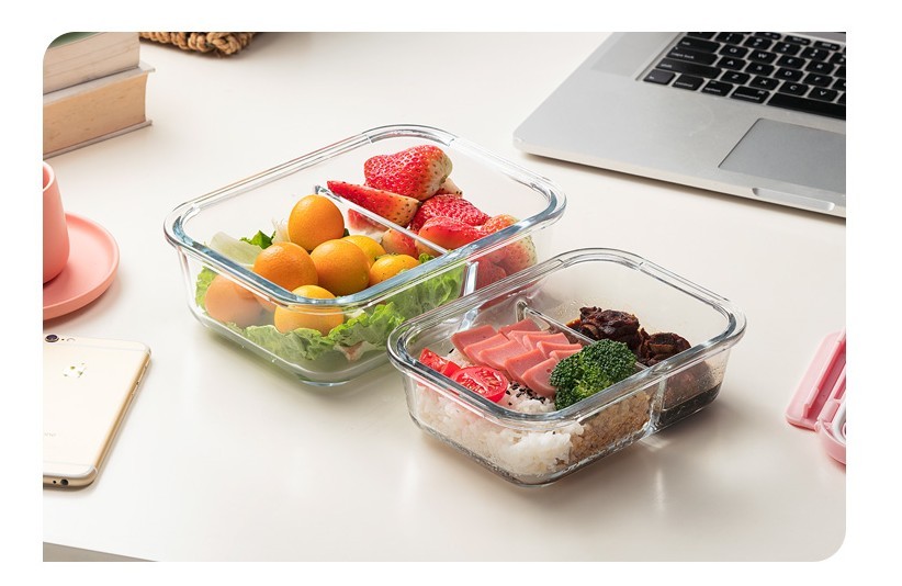 Microwavable Glass Lunch Box With Divider,Lid,Bag; Meal Prep Glass Food
