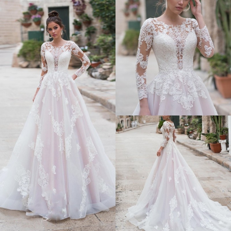 

A Line Beach Wedding Dresses Long Sleeves Appliques Jewel Neck Tulle Wedding Dresses Sweep Train Boho Bridal Gowns, Pink